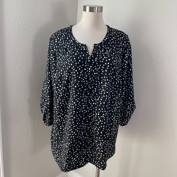 Catherines Womens Plus 1X Polka Dot Blouse Black White Roll Tab Sleeve Tunic Top - Picture 1 of 9